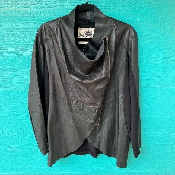 RELIGION GOTH LIGHT PAPER DRAPED LEATHER & KNIT MOTO JACKET SIZE 12 BLACK - Picture 1 of 8